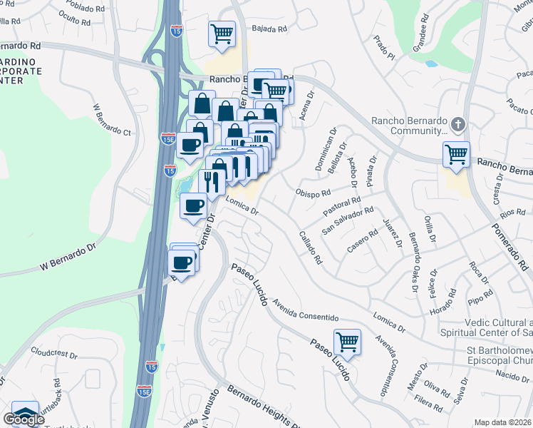 map of restaurants, bars, coffee shops, grocery stores, and more near 11901 Callado Road in San Diego