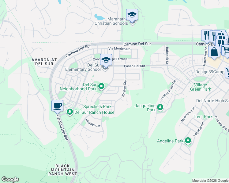 map of restaurants, bars, coffee shops, grocery stores, and more near 8459 Old Stonefield Chase in San Diego