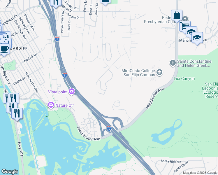 map of restaurants, bars, coffee shops, grocery stores, and more near 2311 Lagoon View Drive in Encinitas
