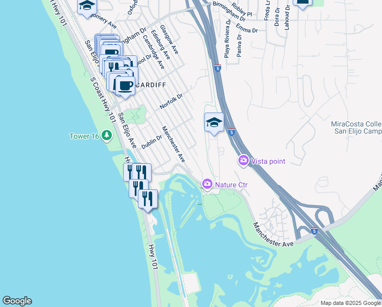 map of restaurants, bars, coffee shops, grocery stores, and more near 2480 Montgomery Avenue in Encinitas