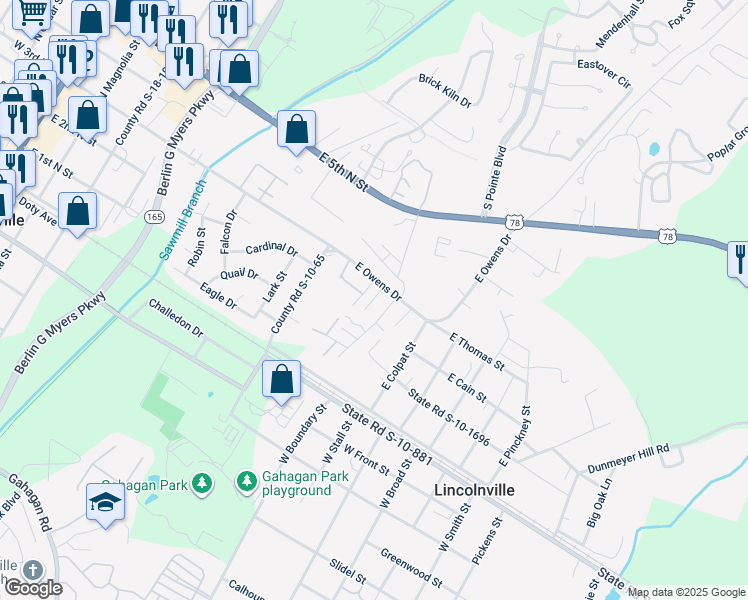 map of restaurants, bars, coffee shops, grocery stores, and more near 316 East Owens Drive in Lincolnville