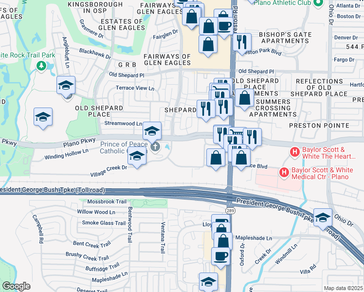 map of restaurants, bars, coffee shops, grocery stores, and more near 5072 West Plano Parkway in Plano