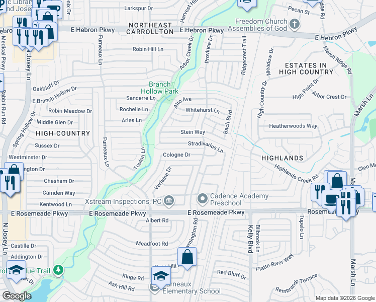 map of restaurants, bars, coffee shops, grocery stores, and more near 2022 Stradivarius Lane in Carrollton
