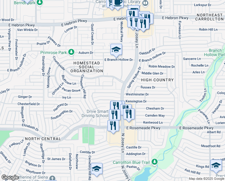 map of restaurants, bars, coffee shops, grocery stores, and more near 3902 Toews Lane in Carrollton