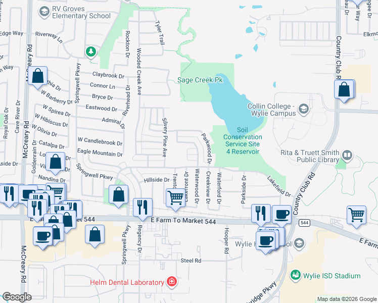 map of restaurants, bars, coffee shops, grocery stores, and more near 2607 Idlewood Drive in Wylie