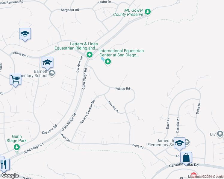 map of restaurants, bars, coffee shops, grocery stores, and more near 16614 Wikiup Road in Ramona
