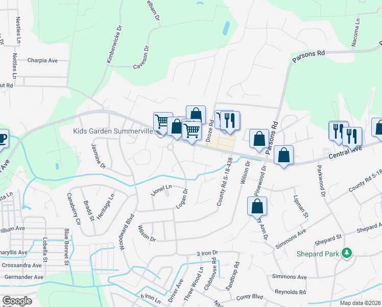 map of restaurants, bars, coffee shops, grocery stores, and more near 1204 Central Avenue in Summerville