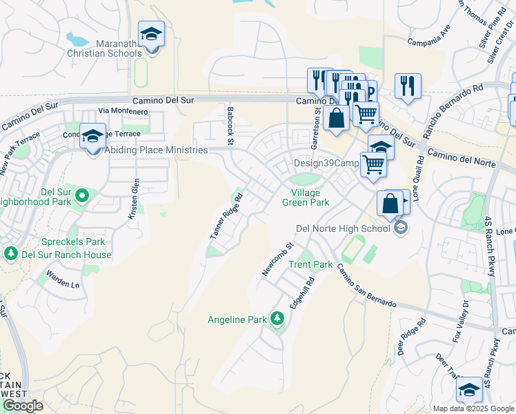 map of restaurants, bars, coffee shops, grocery stores, and more near 15823 Lesar Place in San Diego