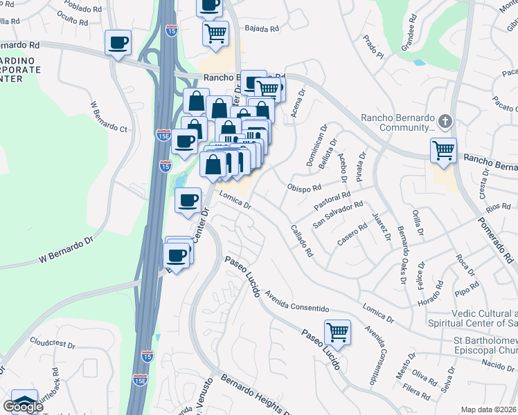 map of restaurants, bars, coffee shops, grocery stores, and more near 11901 Callado Road in San Diego