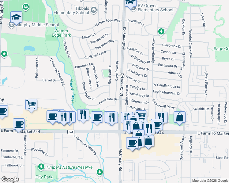 map of restaurants, bars, coffee shops, grocery stores, and more near 321 Royal Oak Drive in Murphy