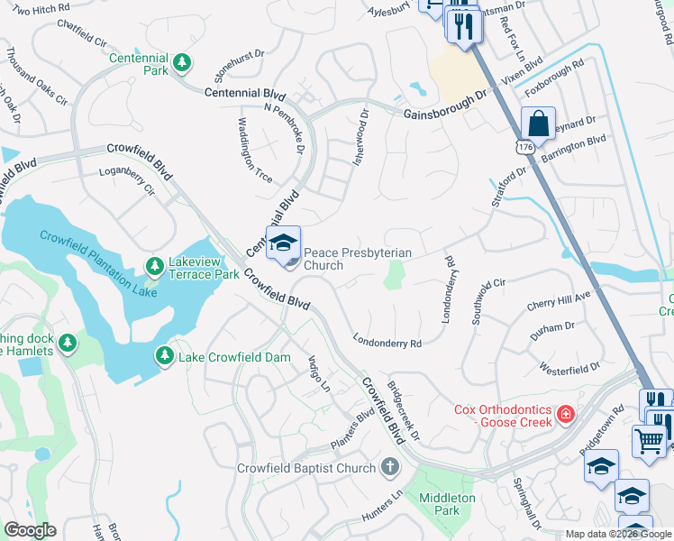 map of restaurants, bars, coffee shops, grocery stores, and more near 101 Claydon Court in Goose Creek