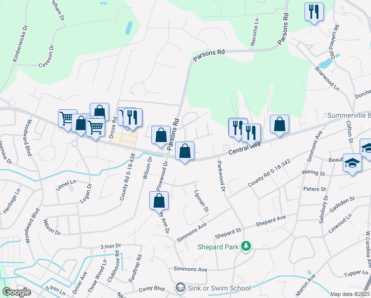 map of restaurants, bars, coffee shops, grocery stores, and more near 103a Woodduck Drive in Summerville