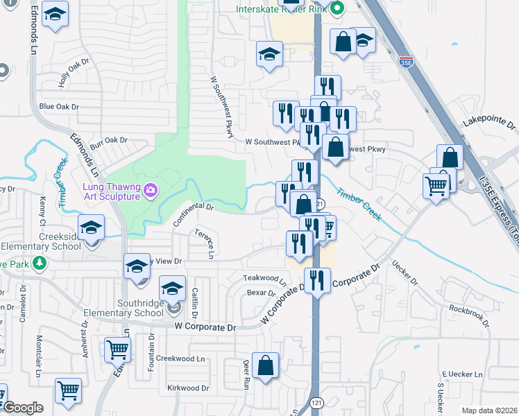 map of restaurants, bars, coffee shops, grocery stores, and more near 242 Barrington Lane in Lewisville