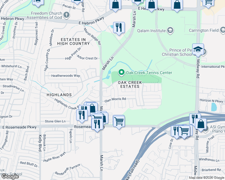 map of restaurants, bars, coffee shops, grocery stores, and more near 3812 Maywood Drive in Carrollton
