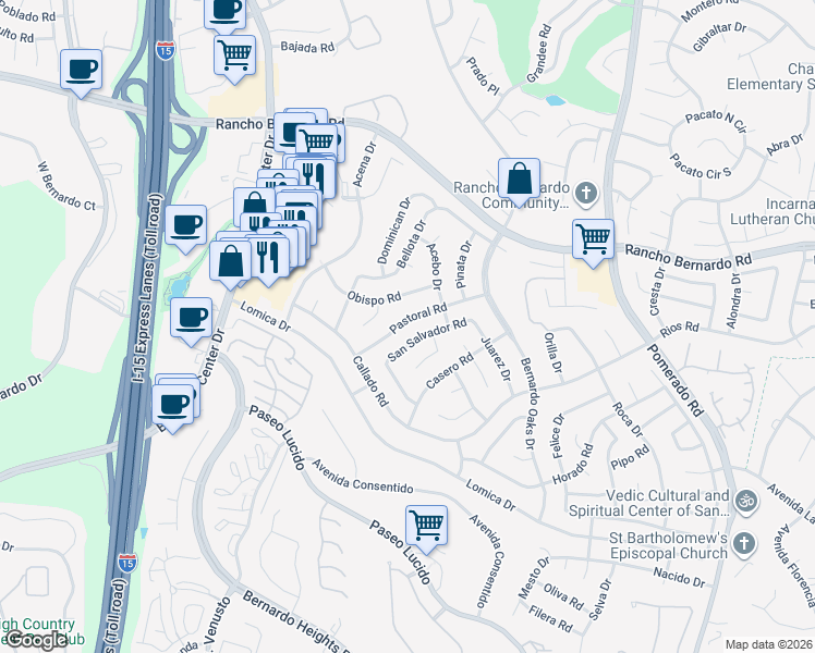 map of restaurants, bars, coffee shops, grocery stores, and more near 12102 Pastoral Road in San Diego