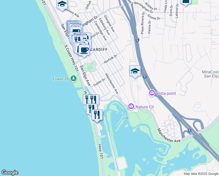 map of restaurants, bars, coffee shops, grocery stores, and more near 2445 Newcastle Avenue in Encinitas