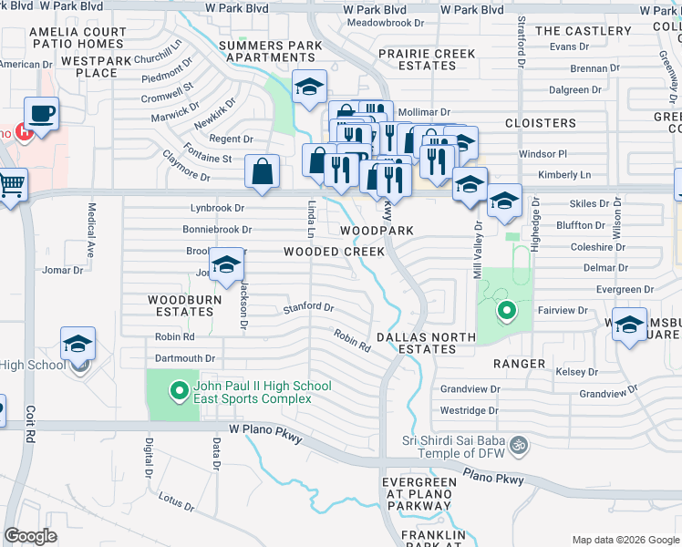 map of restaurants, bars, coffee shops, grocery stores, and more near 3011 Brookshire Drive in Plano