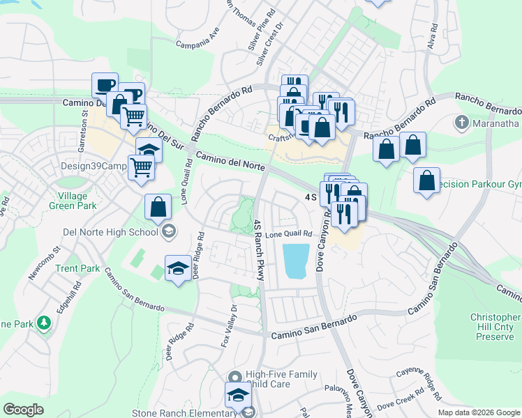 map of restaurants, bars, coffee shops, grocery stores, and more near 16675 4S Ranch Parkway in San Diego