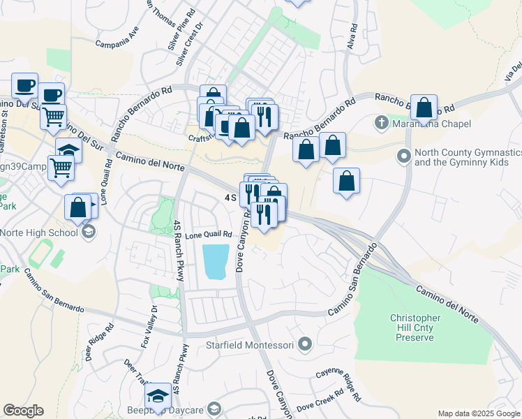 map of restaurants, bars, coffee shops, grocery stores, and more near 110 Camino Del Norte in San Diego