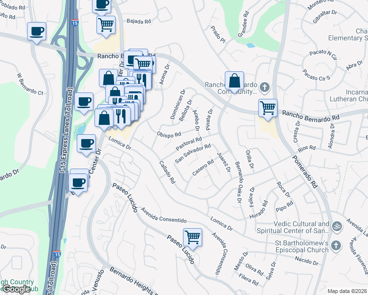 map of restaurants, bars, coffee shops, grocery stores, and more near 12102 Pastoral Road in San Diego
