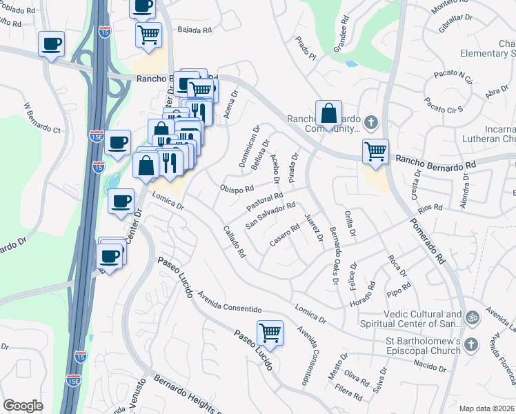 map of restaurants, bars, coffee shops, grocery stores, and more near 12102 Pastoral Road in San Diego