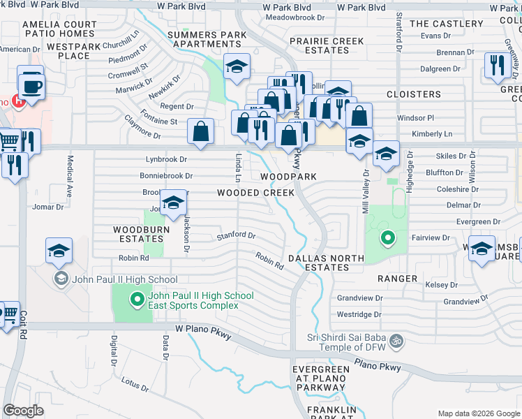 map of restaurants, bars, coffee shops, grocery stores, and more near 3011 Brookshire Drive in Plano