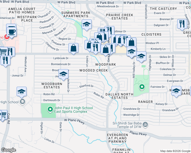 map of restaurants, bars, coffee shops, grocery stores, and more near 3011 Brookshire Drive in Plano