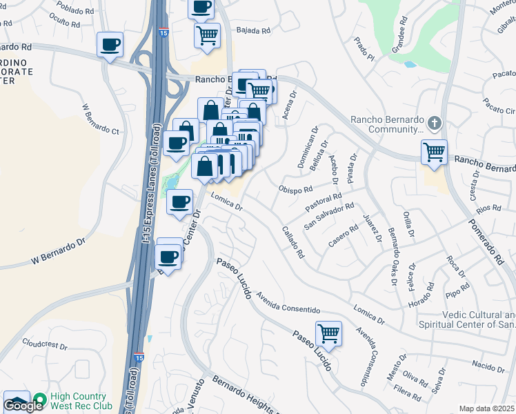 map of restaurants, bars, coffee shops, grocery stores, and more near 11941 Callado Road in San Diego