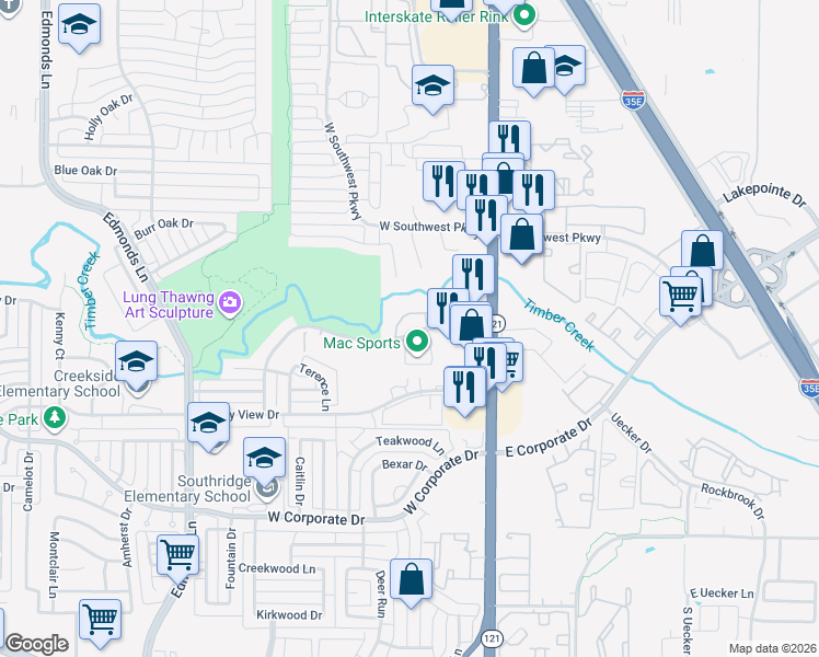 map of restaurants, bars, coffee shops, grocery stores, and more near 242 Barrington Lane in Lewisville
