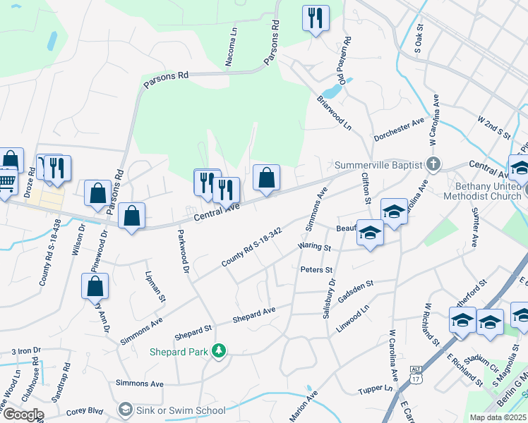 map of restaurants, bars, coffee shops, grocery stores, and more near 725 Central Avenue in Summerville