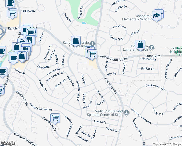 map of restaurants, bars, coffee shops, grocery stores, and more near 12465 Meandro Road in San Diego