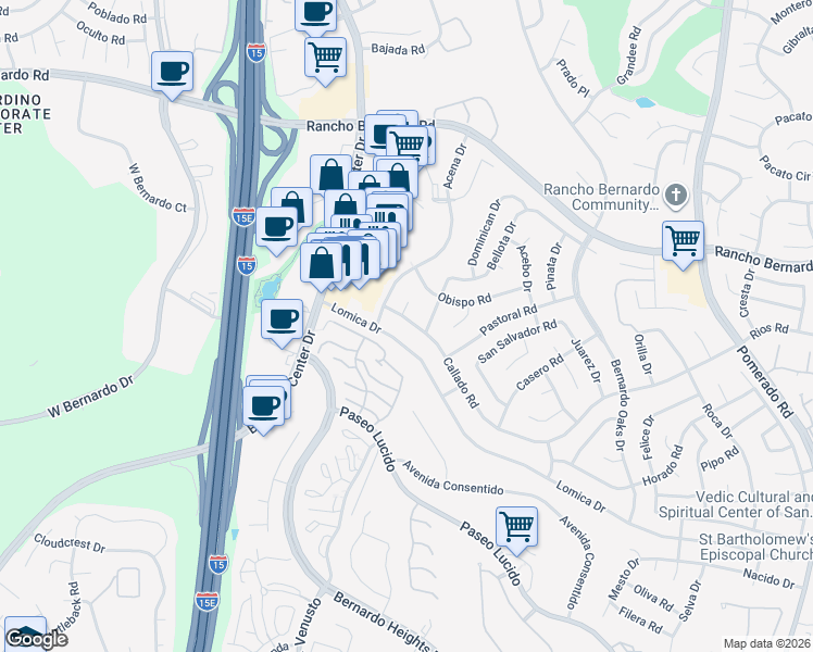 map of restaurants, bars, coffee shops, grocery stores, and more near 16716 Diego Drive in San Diego