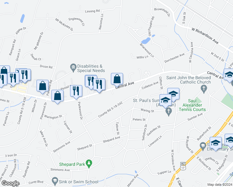 map of restaurants, bars, coffee shops, grocery stores, and more near 717 County Road S-18-13 in Summerville