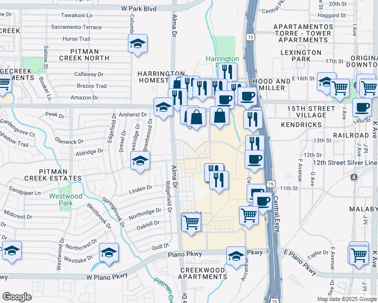 map of restaurants, bars, coffee shops, grocery stores, and more near Collin Creek Mall in Plano
