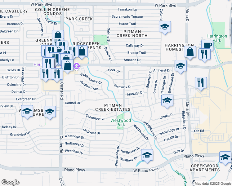 map of restaurants, bars, coffee shops, grocery stores, and more near 1700 Glenwick Drive in Plano