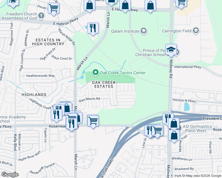map of restaurants, bars, coffee shops, grocery stores, and more near 3824 Grandview Drive in Carrollton
