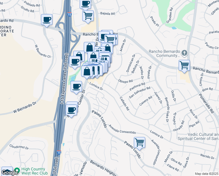 map of restaurants, bars, coffee shops, grocery stores, and more near 11941 Callado Road in San Diego
