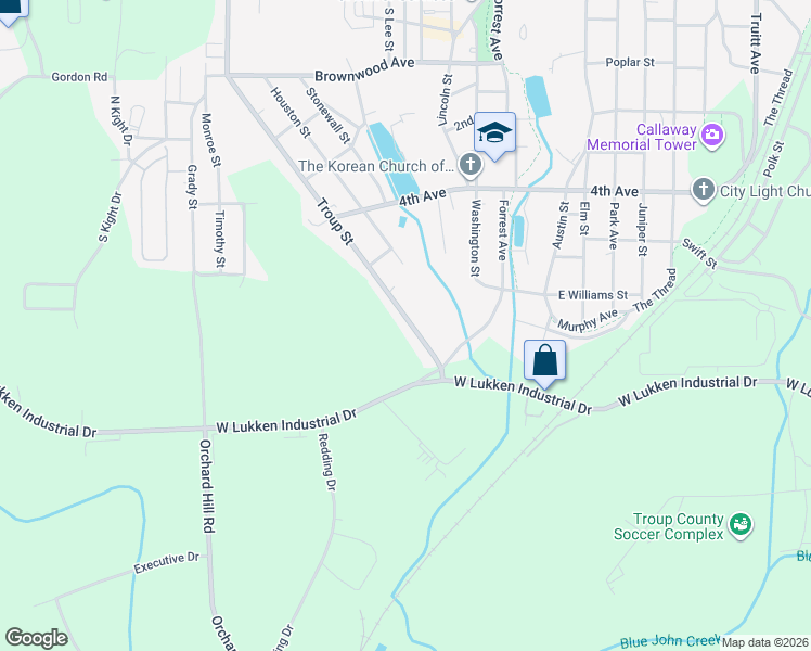 map of restaurants, bars, coffee shops, grocery stores, and more near 1218 Troup Street in LaGrange