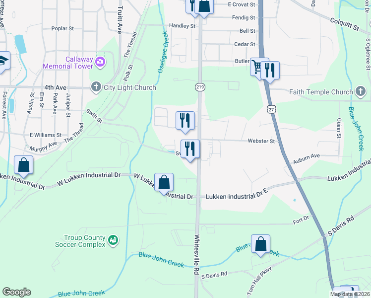 map of restaurants, bars, coffee shops, grocery stores, and more near 104 Service Park Lane in LaGrange