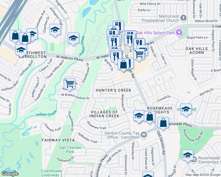 map of restaurants, bars, coffee shops, grocery stores, and more near 1104 Hunters Creek Drive in Carrollton
