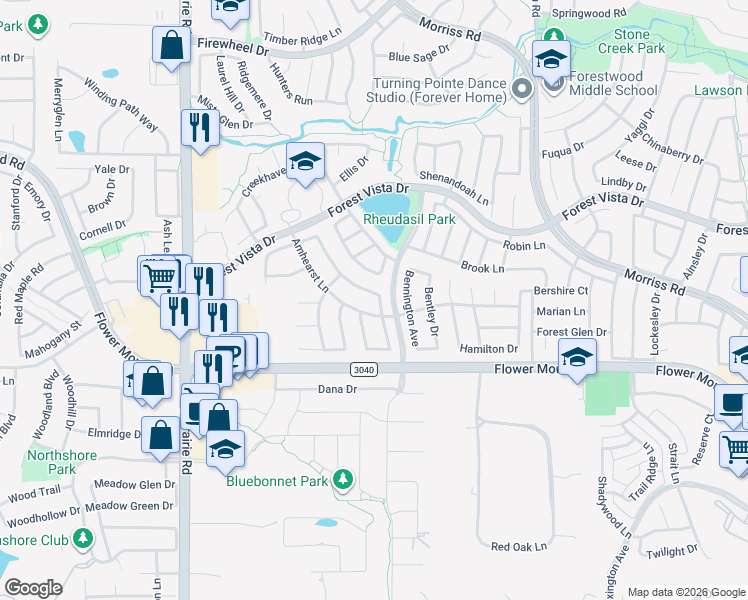map of restaurants, bars, coffee shops, grocery stores, and more near 2212 Remmington Drive in Flower Mound