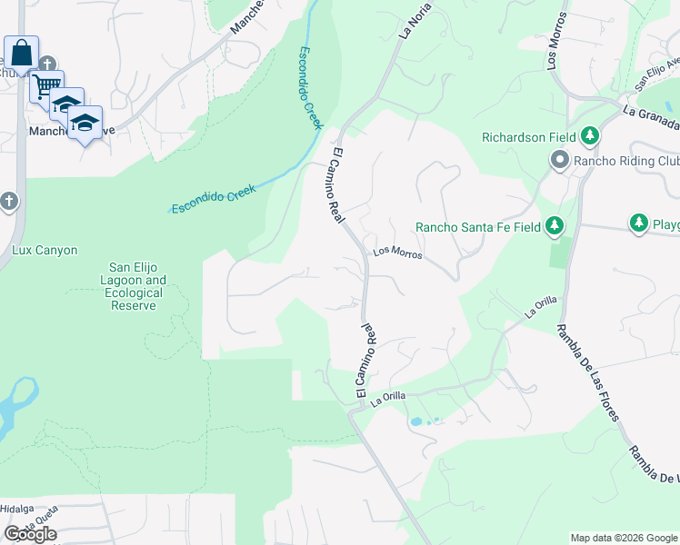 map of restaurants, bars, coffee shops, grocery stores, and more near 16640 El Camino Real in Rancho Santa Fe