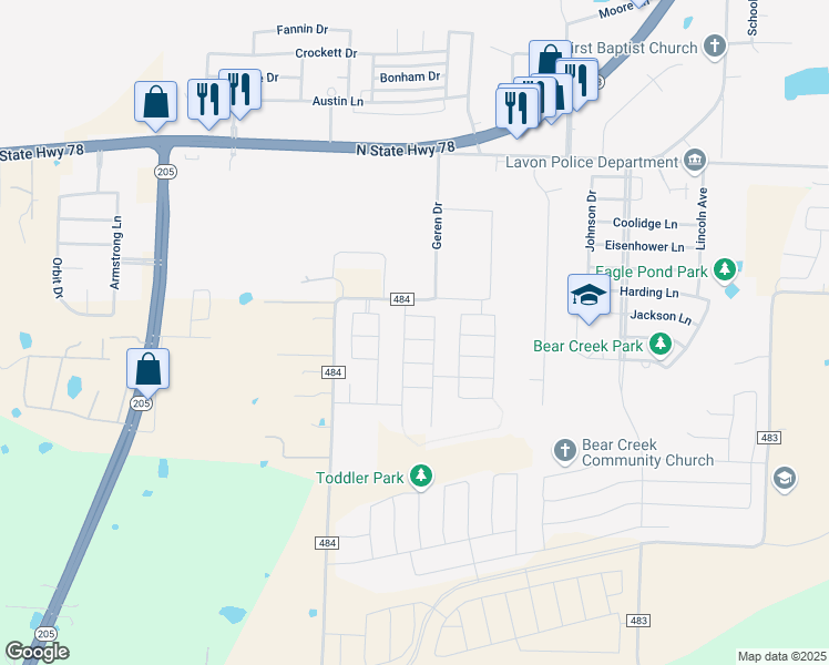 map of restaurants, bars, coffee shops, grocery stores, and more near 503 Svenson Lane in Lavon