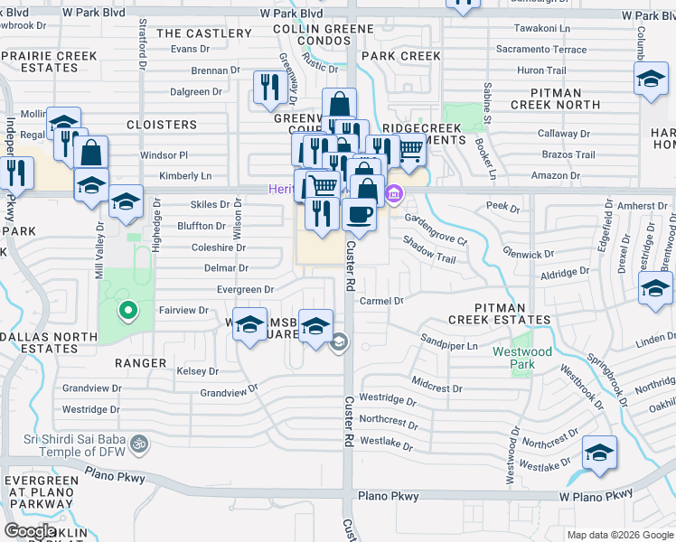 map of restaurants, bars, coffee shops, grocery stores, and more near 2109 Evergreen Drive in Plano