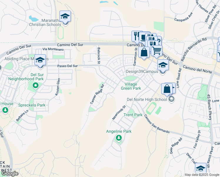 map of restaurants, bars, coffee shops, grocery stores, and more near 15831 Lesar Place in San Diego