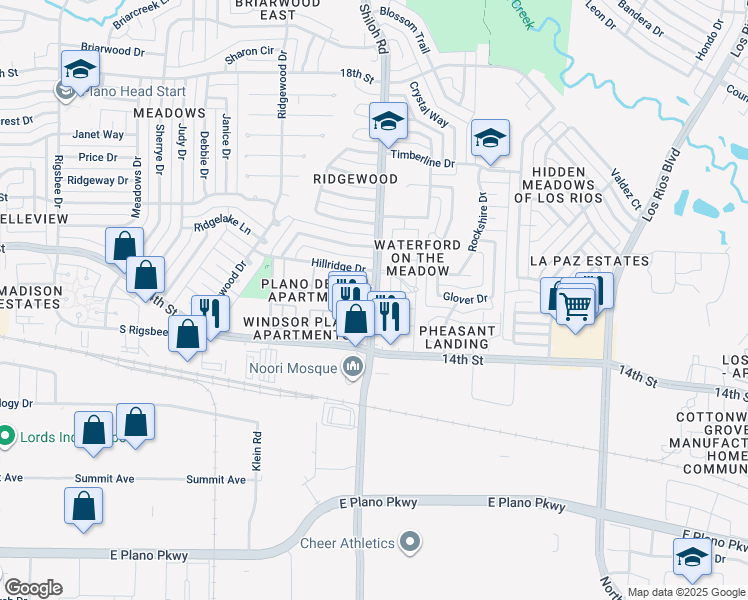 map of restaurants, bars, coffee shops, grocery stores, and more near 1436 Shiloh Road in Plano