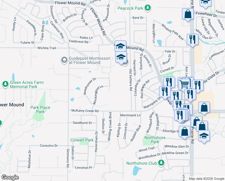 map of restaurants, bars, coffee shops, grocery stores, and more near 2208 Condor Street in Flower Mound