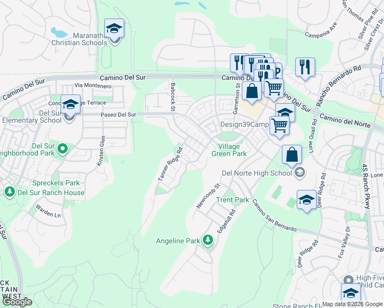 map of restaurants, bars, coffee shops, grocery stores, and more near 15831 Lesar Place in San Diego