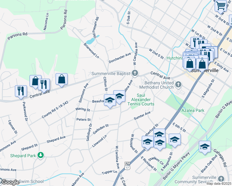 map of restaurants, bars, coffee shops, grocery stores, and more near 102 Cuthbert Lane in Summerville