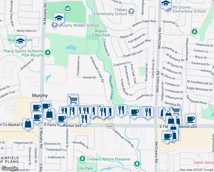 map of restaurants, bars, coffee shops, grocery stores, and more near 344 North Maxwell Creek Road in Murphy